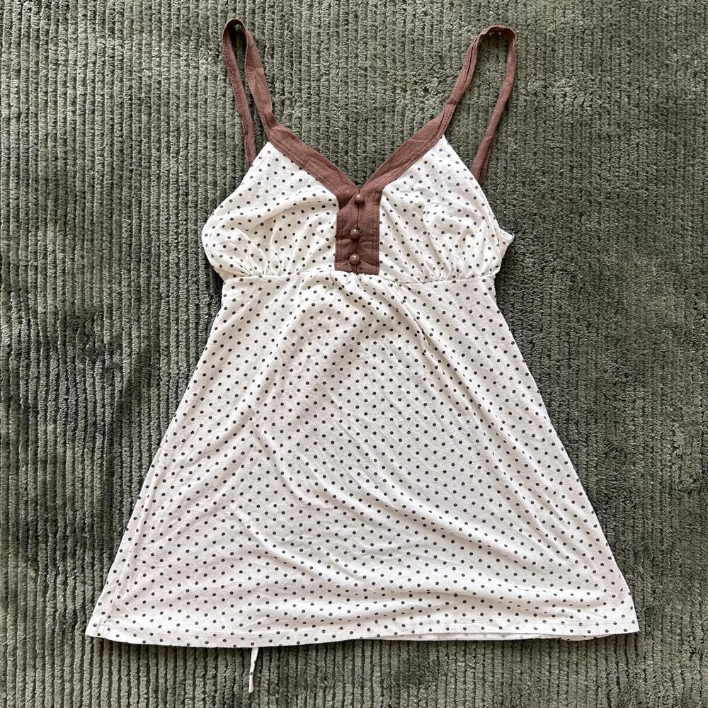Y2K White Brown Polka Dot Babydoll Top - Size M